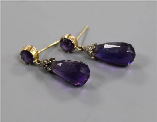 A pair of early 20th century yellow metal, amethyst and diamond chip drop earrings, 30mm.